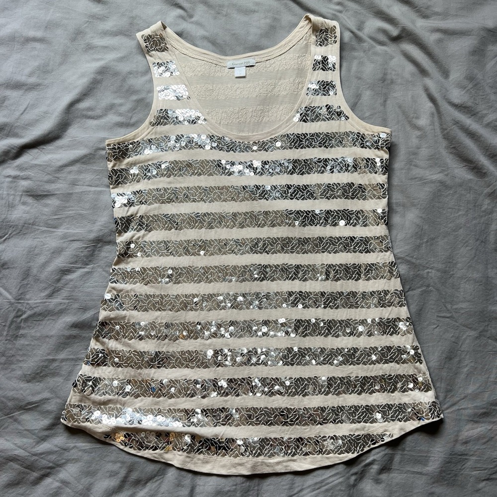 Garnet Hill Tank Top Womens Small‎ Beige Silver Sequin Stripe Cotton Modal Exc